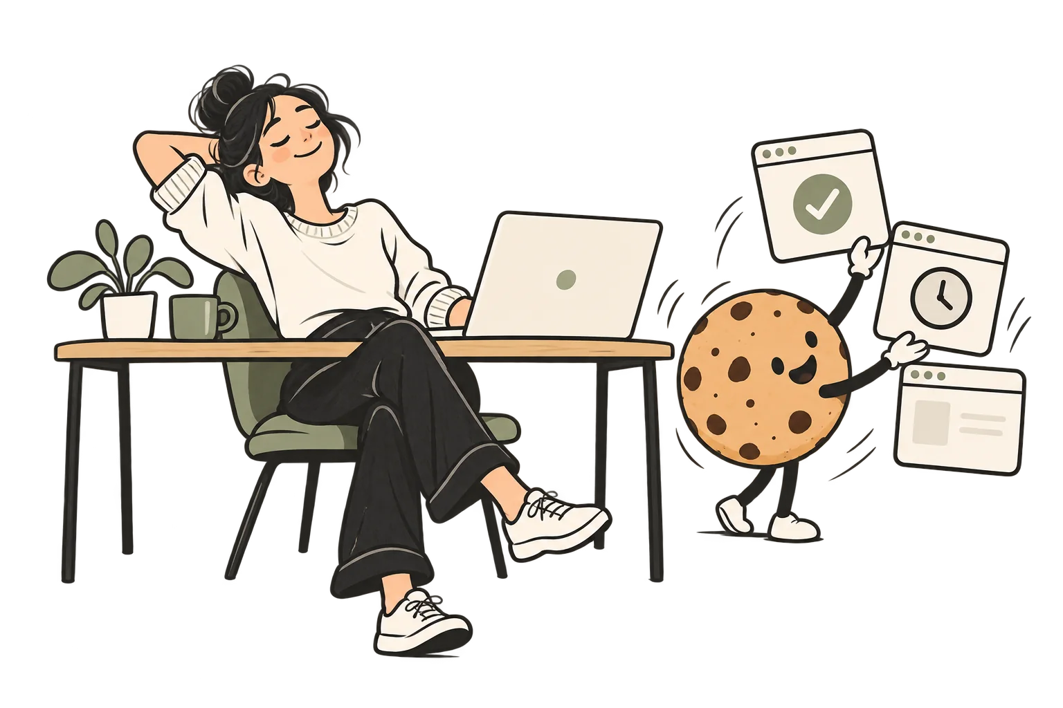 Majiteľka webu pokojne pracuje, kým cookie pomocník organizuje súhlasy.